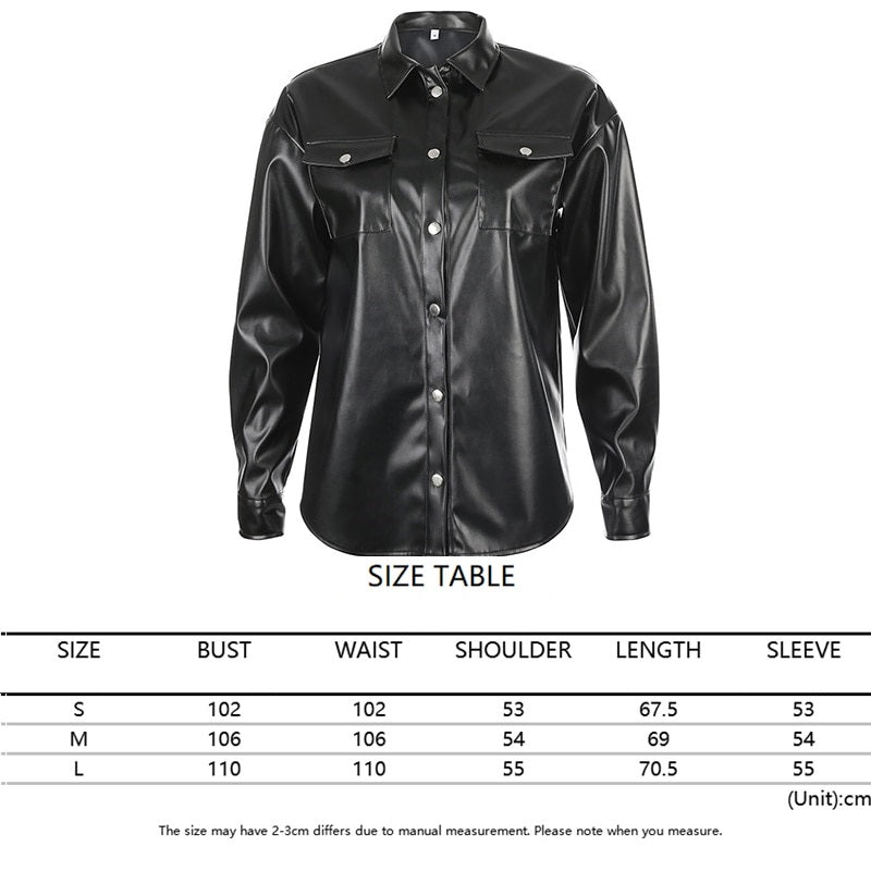 Black Faux Leather Streetwear Covered Button Turn Down Collar Ladies Jacket