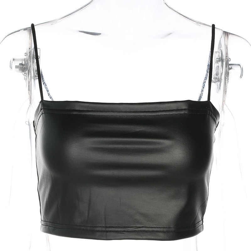Black Crop Top Sexy Lingerie Solid Fitness Streetwear PU Leather Crop Top Sleeveless