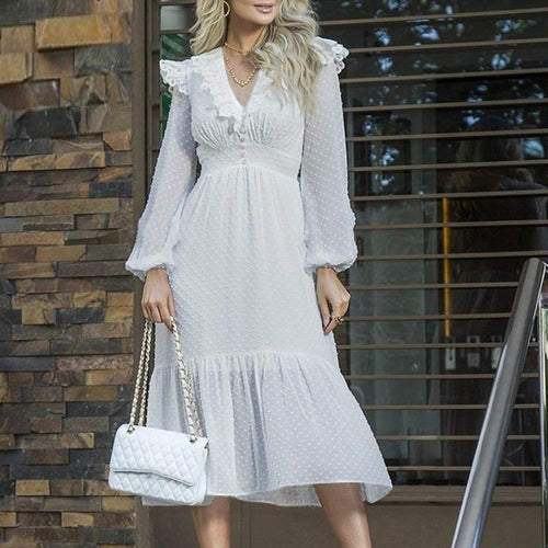 Load image into Gallery viewer, V-neck Streetwear Solid Chiffon Splicing Lace Up Vintage Long Sleeve Straight Midi Dress

