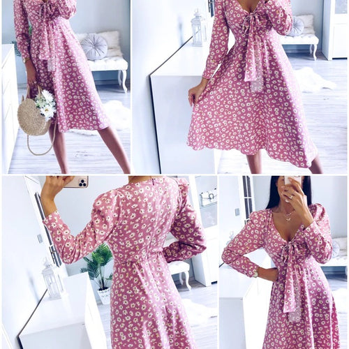Load image into Gallery viewer, Floral Print Elegant Puff Sleeve A-line V-neck Sash High Waist Office Lady Party Midi Dress
