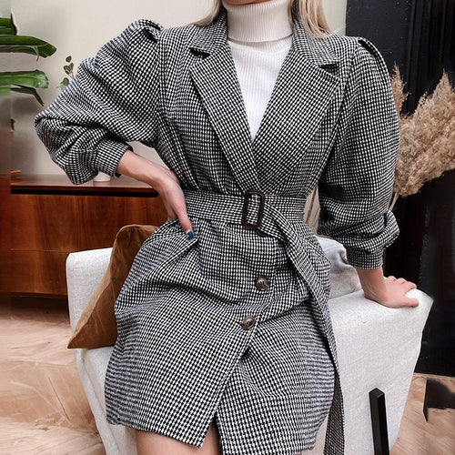 Load image into Gallery viewer, Causal Black Belt Autumn Winter Office Plaid Puff Sleeve Elegant Tailored Collar Dress
