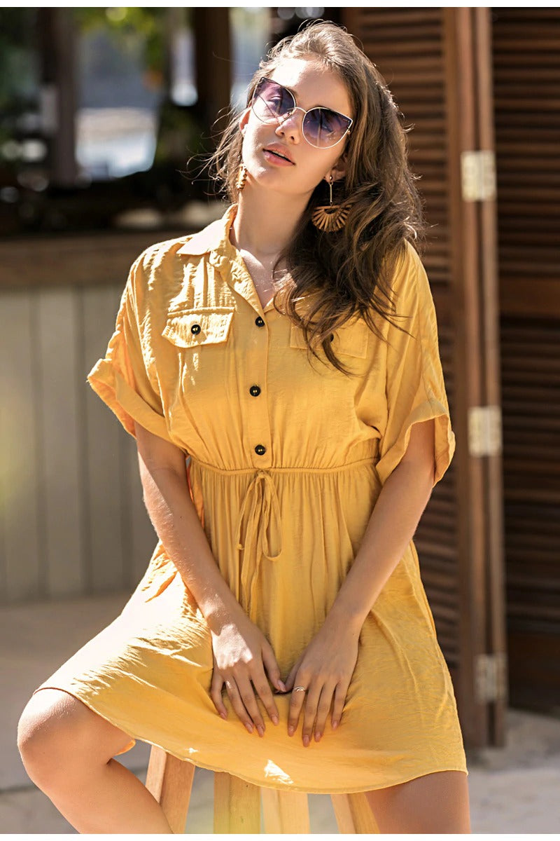 Elegant Office Solid Buttons Loose Sleeve Shirt Sundress Midi Dress