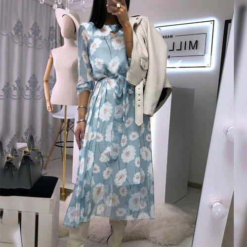 Load image into Gallery viewer, Casual Flare Sleeve Office Ladies High Waist Belt Midi Elegant Floral Printed Dress
