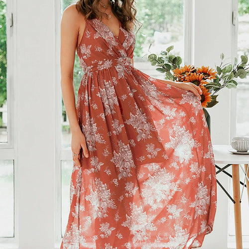 Load image into Gallery viewer, Sexy V-neck Spaghetti Strap Party Elegant Floral Print Long Style Maxi Dress
