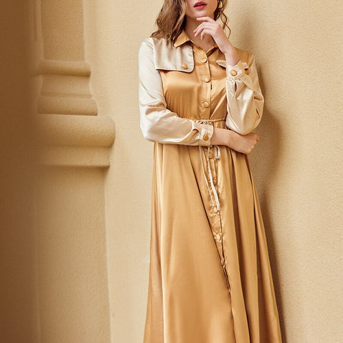 Load image into Gallery viewer, Elegant Khaki Mid Waist Long Sleeve Winter Long Versatile Solid Color Satin Dress
