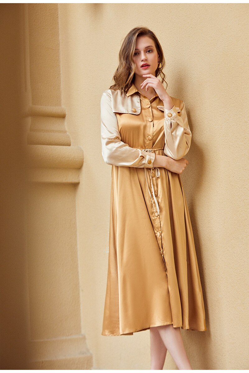 Elegant Khaki Mid Waist Long Sleeve Winter Long Versatile Solid Color Satin Dress
