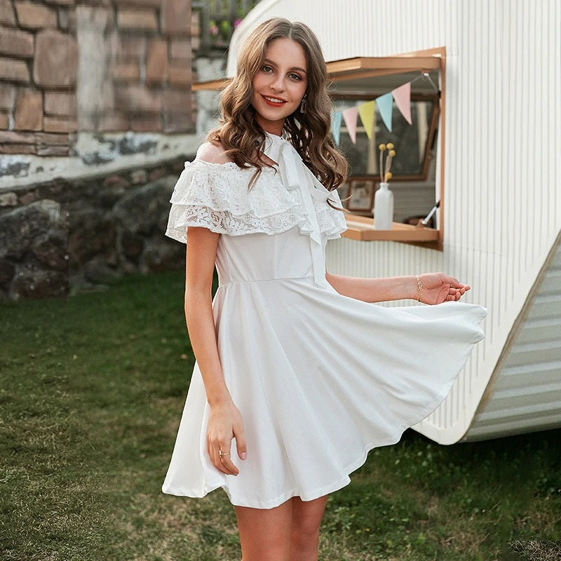 Elegant Cotton Lace Long Lantern Sleeve Ruffle A-line White Short Hollow Out Dress