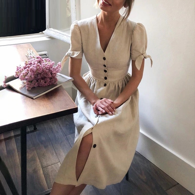 Sexy V-neck Cotton Summer Elegant Buttons Puff Sleeve Office Midi Dress