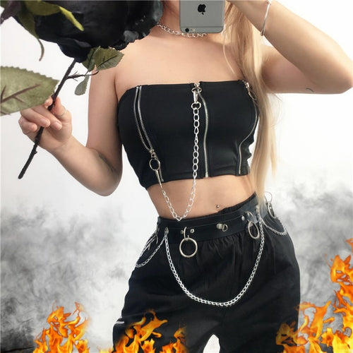 Load image into Gallery viewer, Summer Punk Gothic Tube Patchwork Zipper Chains Sexy Wrap Bralette Crop Top
