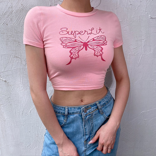 Load image into Gallery viewer, Summer Fashion Short Sleeve Pink Cute Butterfly Graphic Crop Top Tees
