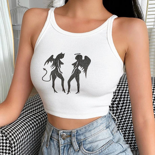 Load image into Gallery viewer, Angel &amp; Devil Pattern Gothic Women Tank Top Casual Streetwear Outfits Sleeveless Slim Bralette Crop Top Summer White
