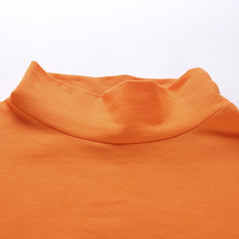 Autumn Basic Turtleneck Orange Print Crop Top Sexy Long Sleeve