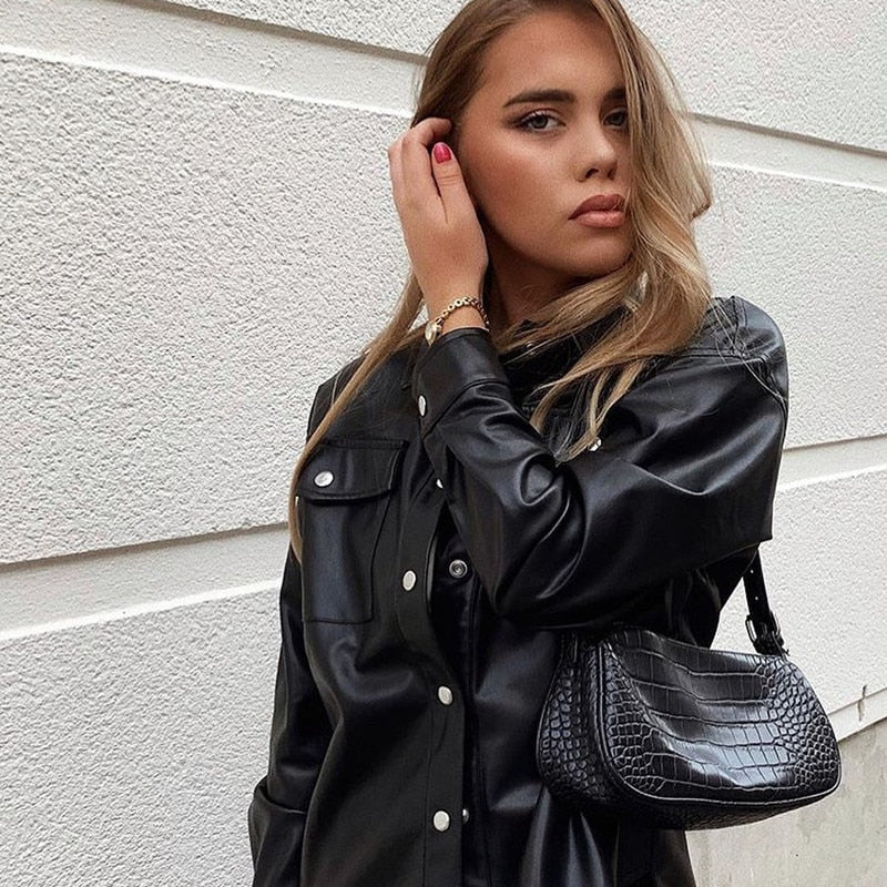 Black Faux Leather Streetwear Covered Button Turn Down Collar Ladies Jacket