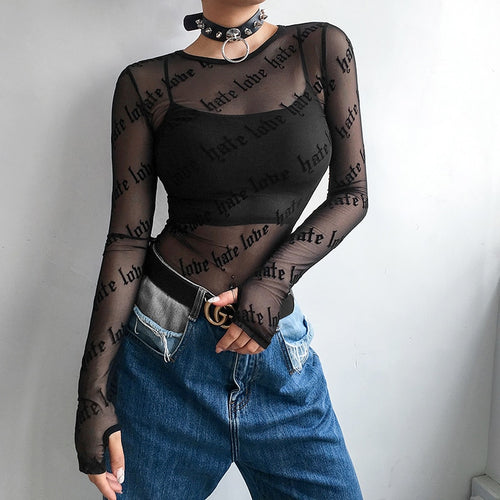 Load image into Gallery viewer, Black Transparent Sexy Summer Mesh Gothic Letter Printed Long Sleeve

