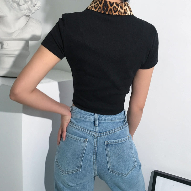 Black Vintage Patchwork Leopard Turn-Down Collar Single Breasted Knitted Tees