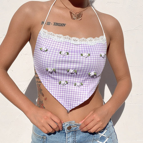 Load image into Gallery viewer, Boho Vintage Plaid Kawaii Crop Tops Sexy Beachwear Lace Patchwork Sleeveless
