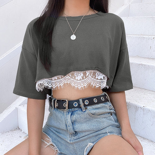 Load image into Gallery viewer, Lace Patchwork Summer Crop Top Casual Leisure Outfit Short Sleeve O-neck Tees
