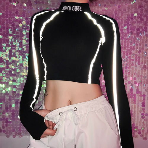 Load image into Gallery viewer, Patchwork Reflective Striped Turtleneck Crop Top Long Sleeve
