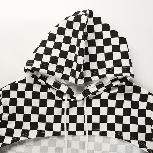 Load image into Gallery viewer, Plus Size Cotton Crop Top Flare Sleeve  Checkerboard Hoodie Long Sleeve
