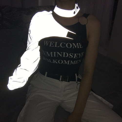 Load image into Gallery viewer, Punk Gothic Reflective Crop Top T Shirt With Buckle Sexy Choker Collar One Shoulder Summer Tops For Women Streetwear
