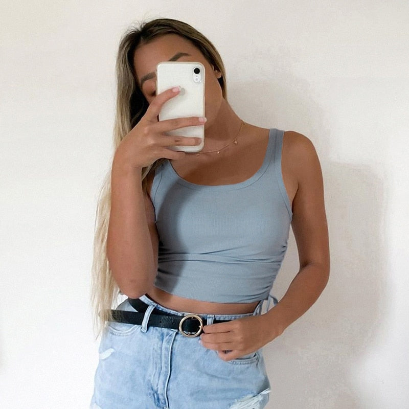 Solid Casual Women Tank Tops Clothing Sleeveless Skinny Ruched Lace Up Bralette Crop Top Summer Streetwear Blue