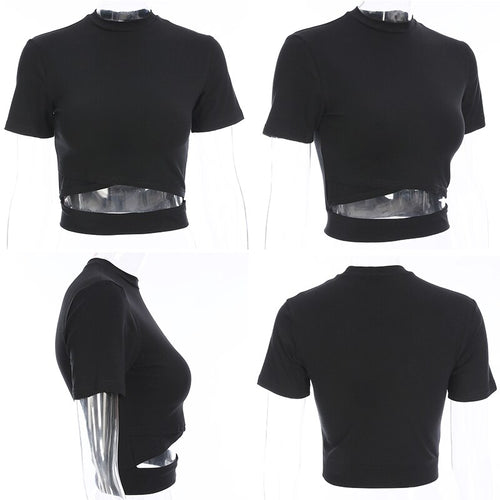 Load image into Gallery viewer, Harajuku Crop Top Hollow Out Casual Korean Style Bandage Tees

