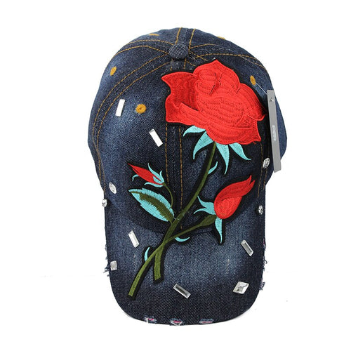 Load image into Gallery viewer, Won&#39;t Let You Down Fall Rose Flower Denim Baseball Cap
