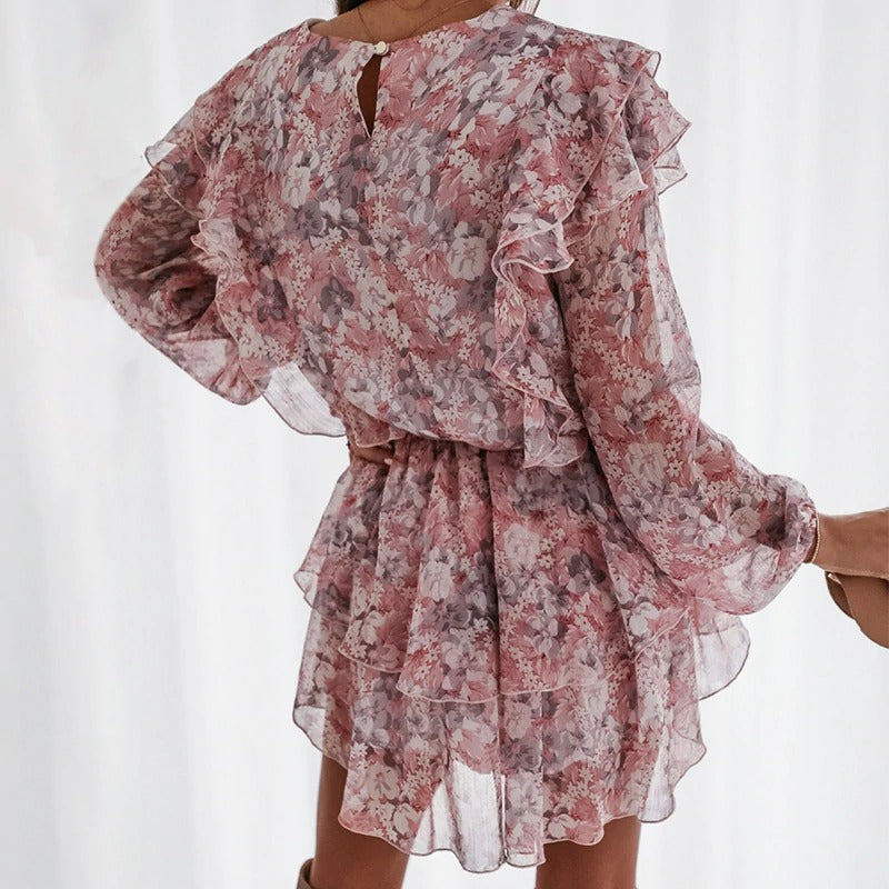 Floral Print Elegant Puff Sleeve A-line Chiffon Sash High Waist Office Pink Dress