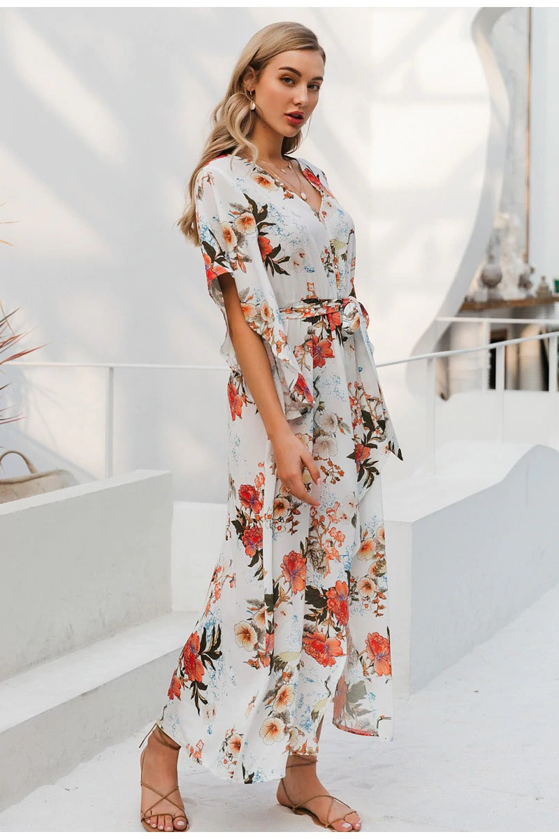 Sexy V-neck Floral Print Elegant Long Sleeve Asymmetrical Sundress Summer Long Maxi Dress