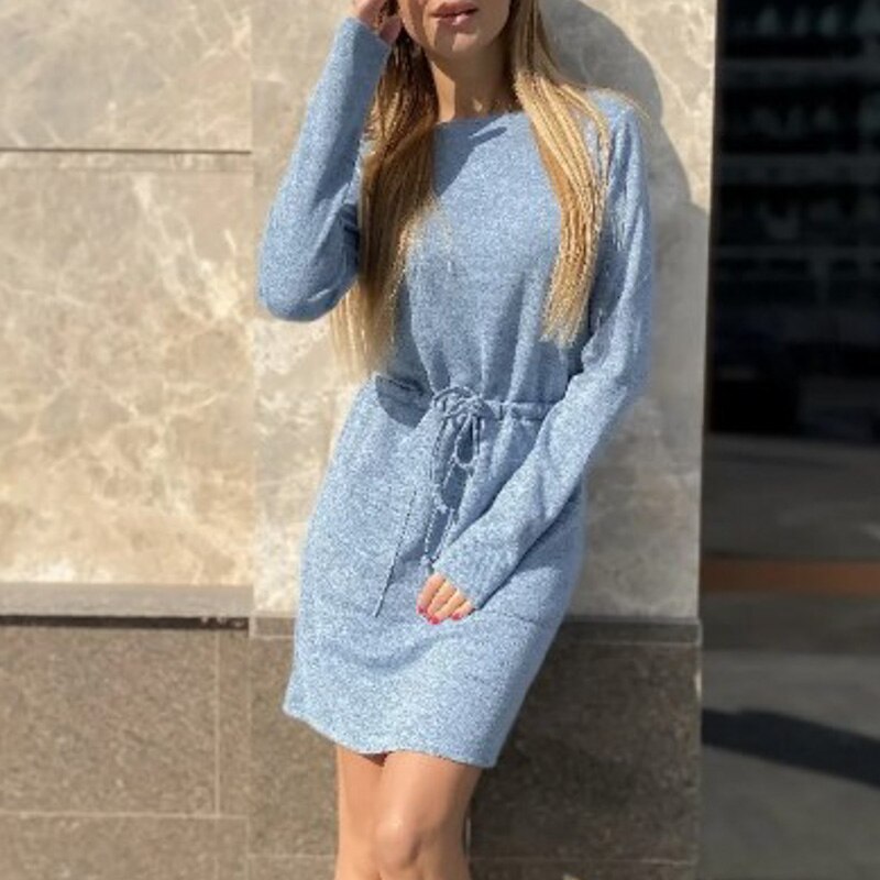 Casual A-Line Lace Up Pocket O-neck Long Sleeve Comfortable Autumn Holiday Dress