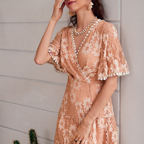 Load image into Gallery viewer, Women V-neck Print Winter Ruffled Sleeve Solid Pink Midi Dress
