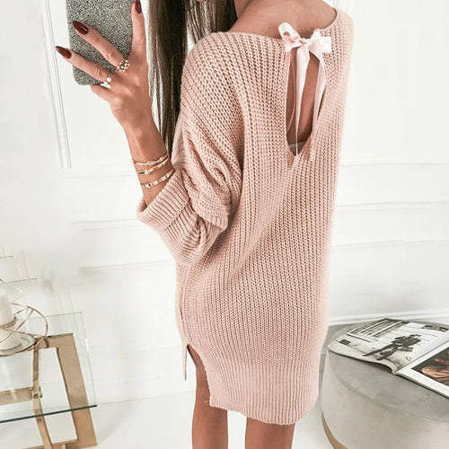 Load image into Gallery viewer, Pink Knitted Oversize Sweater Slit Short Knitted Backless Sexy Dress
