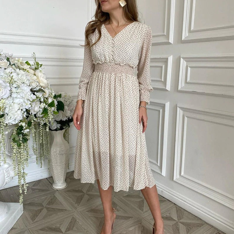 Casual Flare Sleeve Elegant V-neck Polka Dot Print Sash A-Line Midi Dress