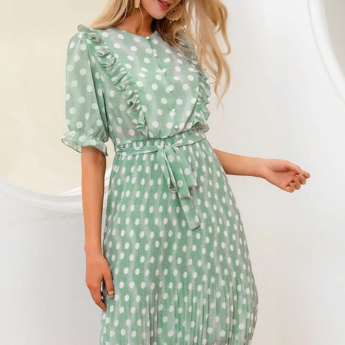 Load image into Gallery viewer, Elegant Dot Print Summer Short Sleeve Ruffle Sash Pearl Buttons A-line Midi Dress
