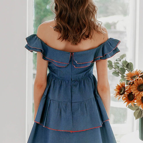 Load image into Gallery viewer, Sexy Off Shoulder Denim Solid Ruffle Bodycon A-line Short Sundress Party Mini Dress
