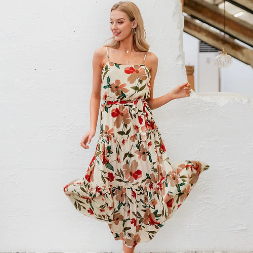 Load image into Gallery viewer, Beach Spaghetti Strap Floral Summer Holiday High Waist Bohemian Long Dress
