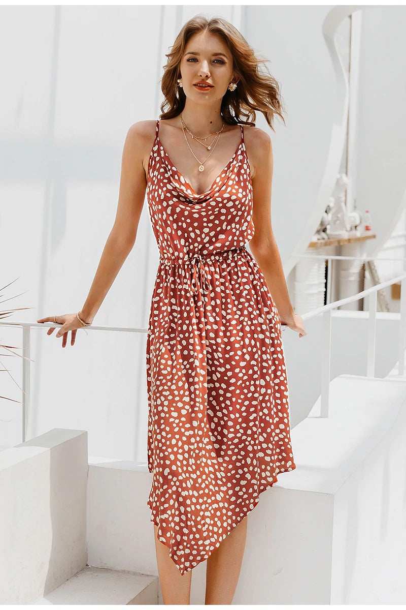 Bohemian Dot Print Summer Lace Up Waist Asymmetrical Midi Dress