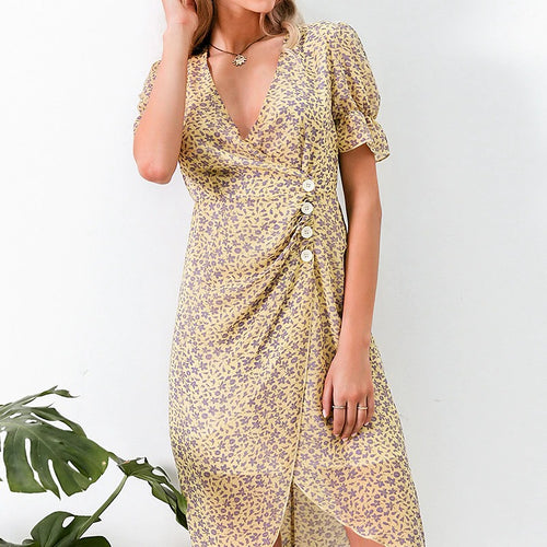 Load image into Gallery viewer, Floral Print Short Sleeve Buttons High Waist Summer V-neck Boho Beach Bodycon Dress
