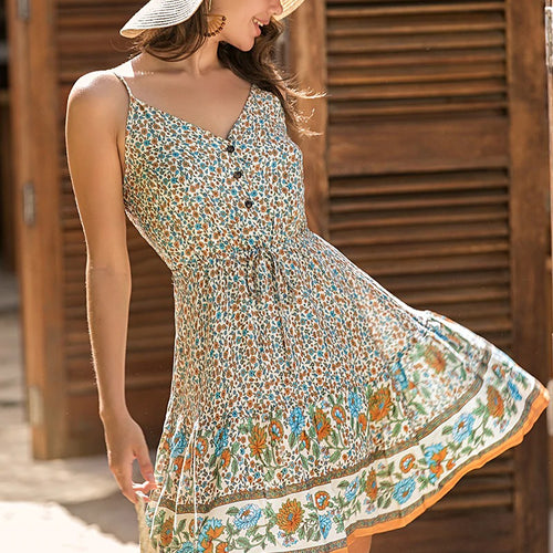 Load image into Gallery viewer, Plus Size V-neck Summer Floral Print Bohemian Short A-line High Waist Dress
