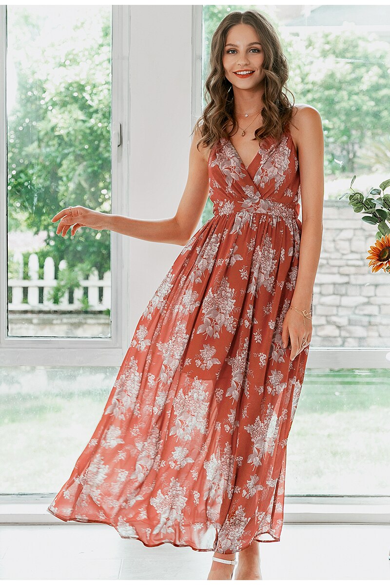 Sexy V-neck Spaghetti Strap Party Elegant Floral Print Long Style Maxi Dress