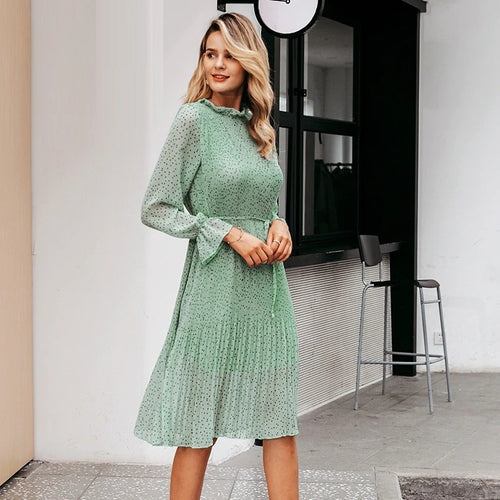 Load image into Gallery viewer, Bohemian Dot Print Elegant Sash Lace Up Pleated Long Sleeve Ruffled Vintage Dress
