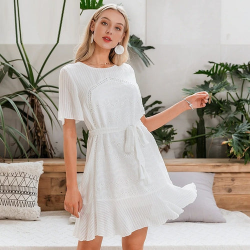 Load image into Gallery viewer, Casual White Summer Ruffle Elegant Cotton Embroidery Mini Dress
