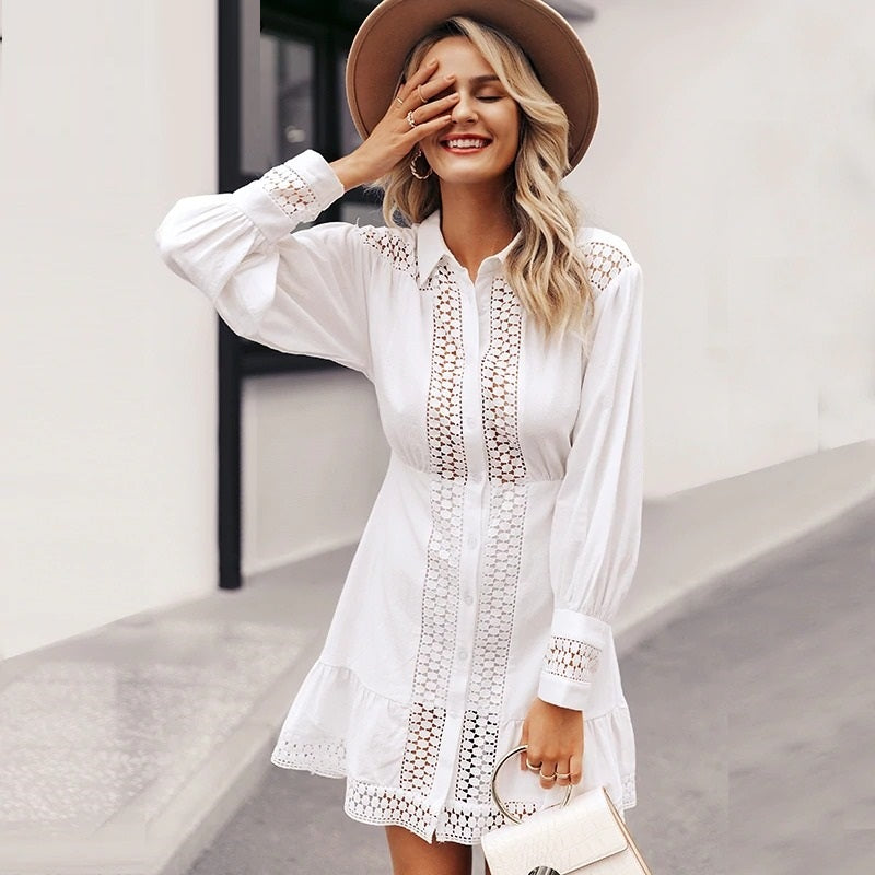 Elegant Cotton Lace Long Lantern Sleeve Ruffle A-line White Short Hollow Out Party Winter Dress