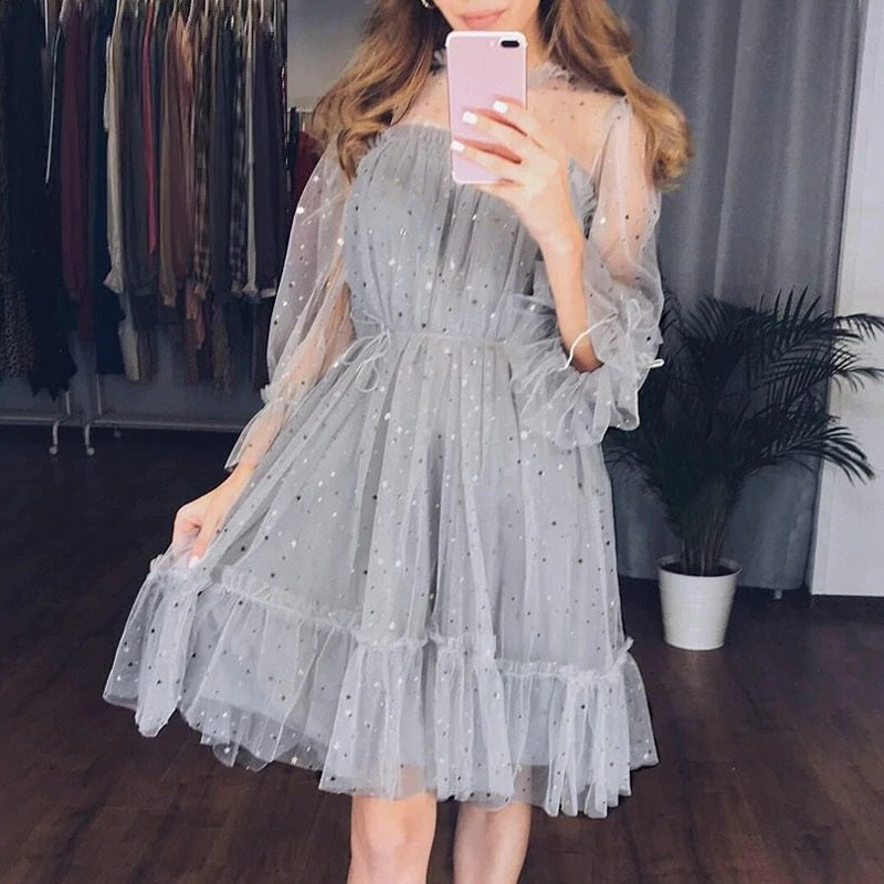 Sexy Hollow Out Party Star Sequin Ruffled Sash Loose Streetwear Night Club Summer Dress