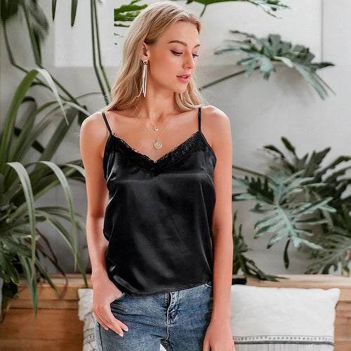 Load image into Gallery viewer, Sexy Solid Lace Satin Tops Elegant V-neck Casual Spaghetti Strap Summer Tank Top
