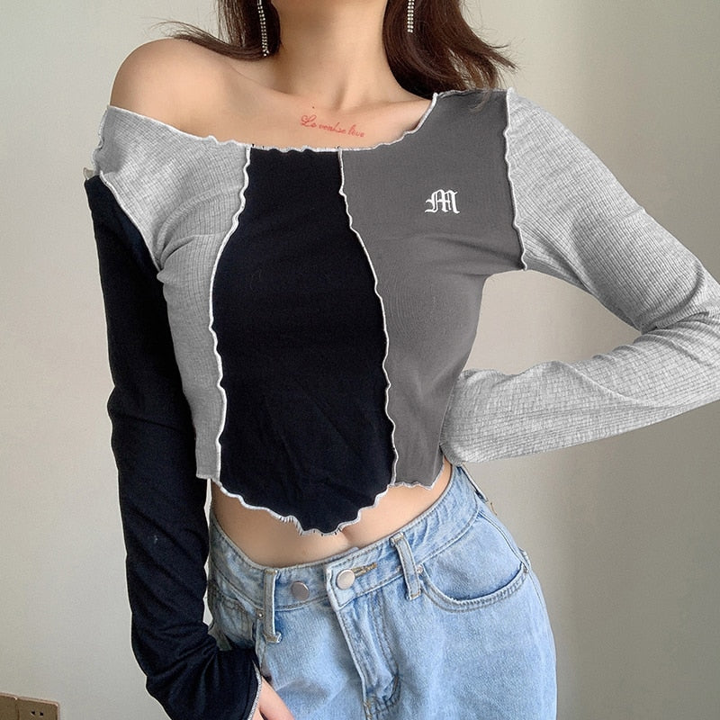 Autumn Letter Embroidery Crop Top Patchwork Long Sleeve