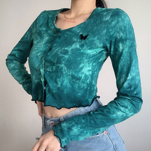 Load image into Gallery viewer, Autumn Tie Dye Print Cropped Shirt Butterfly Embroidery Crop Top Long Sleeve
