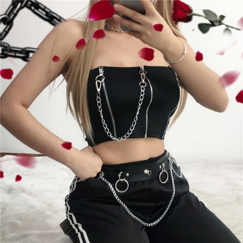 Summer Punk Gothic Tube Patchwork Zipper Chains Sexy Wrap Bralette Crop Top