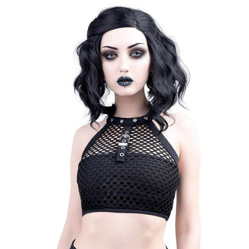 Load image into Gallery viewer, Black Mesh Patchwork Gothic Choker Collar With Metal Button Backless Sexy Punk Crop Top
