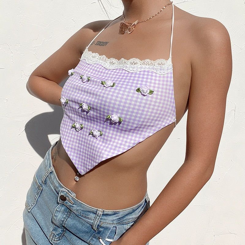 Boho Vintage Plaid Kawaii Crop Tops Sexy Beachwear Lace Patchwork Sleeveless